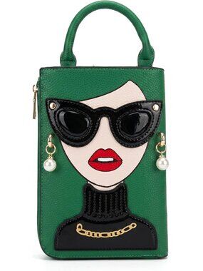 Women Green White Novelty Lady Face PU Leather ShoulderBag Handle Satchel Clutch